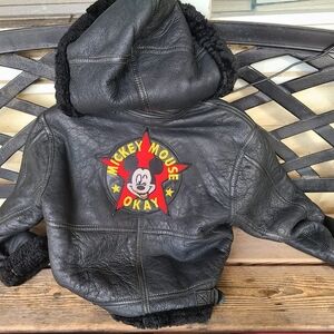 Vtg Disney / Mickey Mouse kids SZ M / 10-12Y VGUC black Leather Shearling Coat